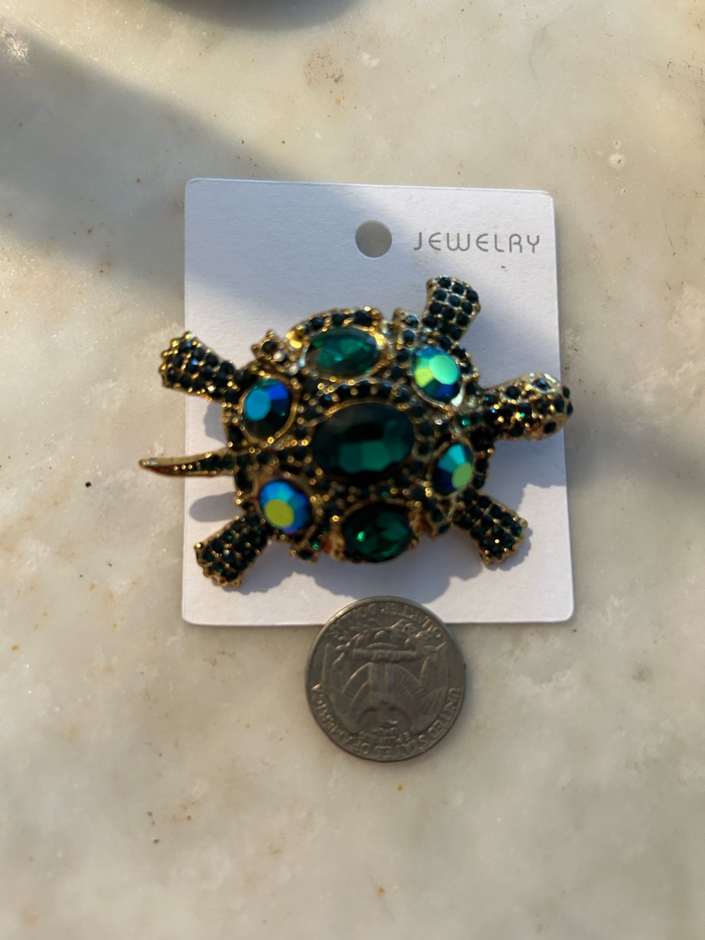Large Gold-Tone Sea Turtle Brooch with Emerald and Iridescent Stones. Fl1